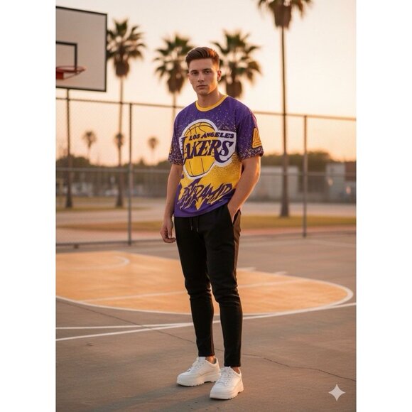 Black Pyramid Other - Black Pyramid Lakers Mens Purple Splatter Shirt Sz L Sporty Basketball NBA‎